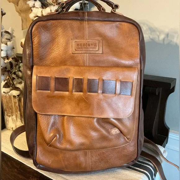 NWOT Bed Stu Leather Kamet Backpack Laptop Bag Tan Teak Rustic MSRP $599